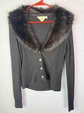 HWR Monogram Cardigan Sweater Womens Small Black Faux Fur Collar Anthropologie